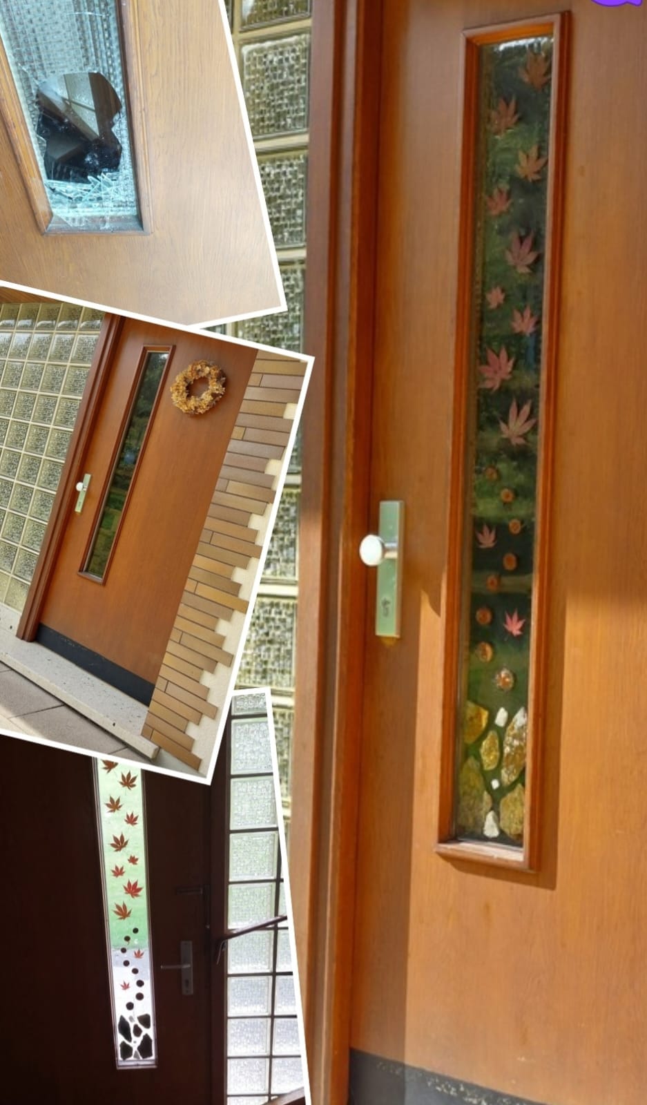 zerbrochene Scheibe in der Tür und neue Scheibe